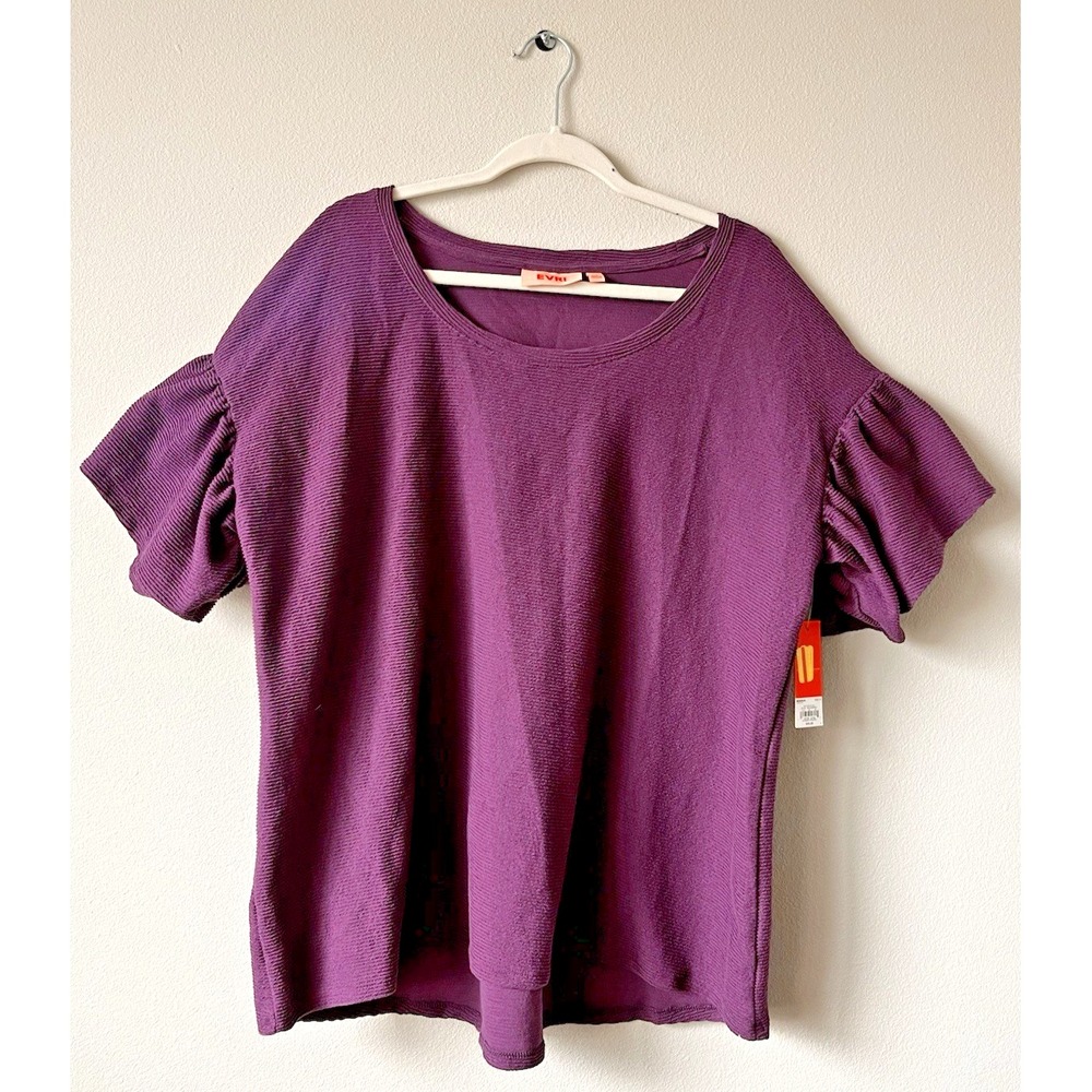 EVRI Plum Purple Ribbed Ruffled Short Sleeve Sz 1X Textured Sweater Shirt D35